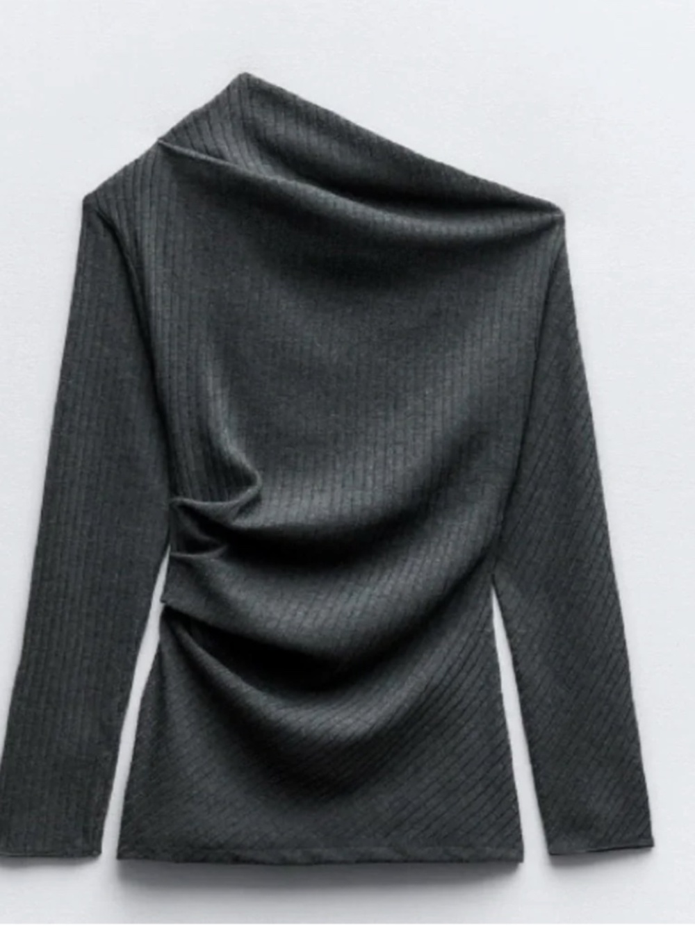 Zara Grey Ribbed Along Sleeve Asymmetrical Cotton Top - S